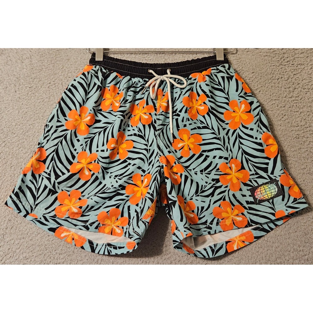 Slunks Mens Tropical Floral Board Shorts Blue Orange Compression Liner Small 5"